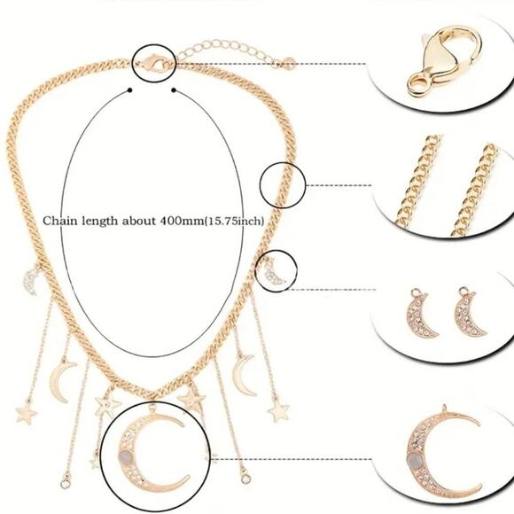 Crescent moon and stars boho necklace - Picture 4 of 10